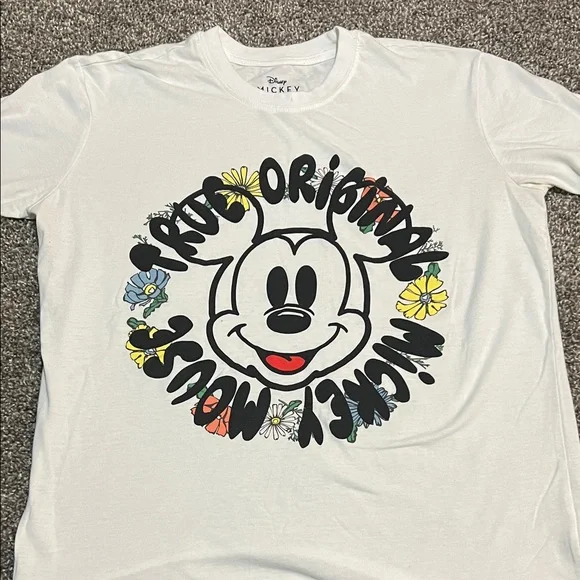 Disney Mickey Mouse White Tee with Floral Design - Picture 1 of 2